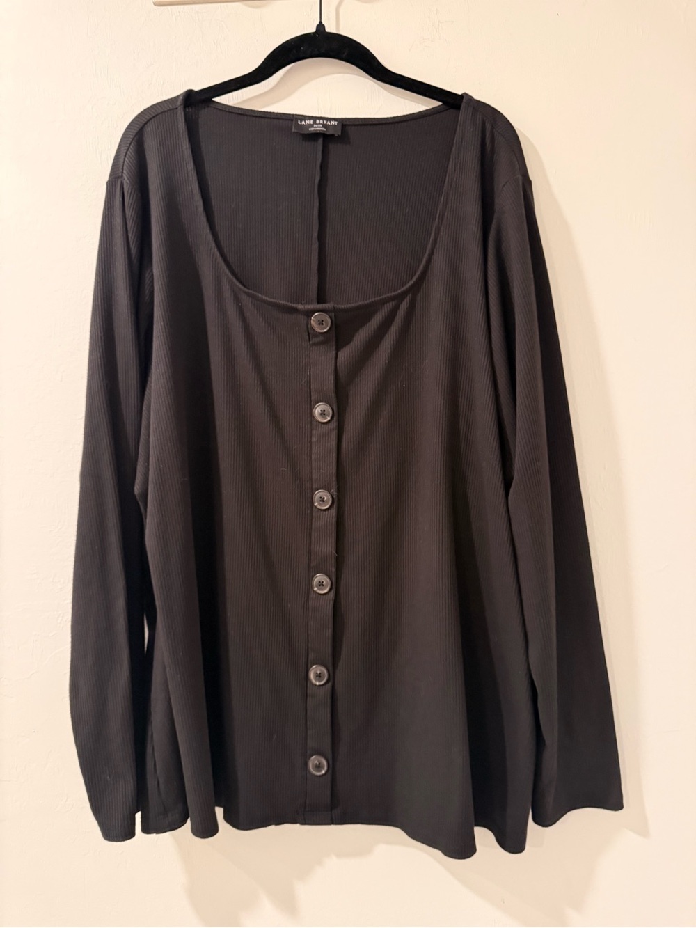 Lane Bryant Black Ribbed Button-Front Long Sleeve Top